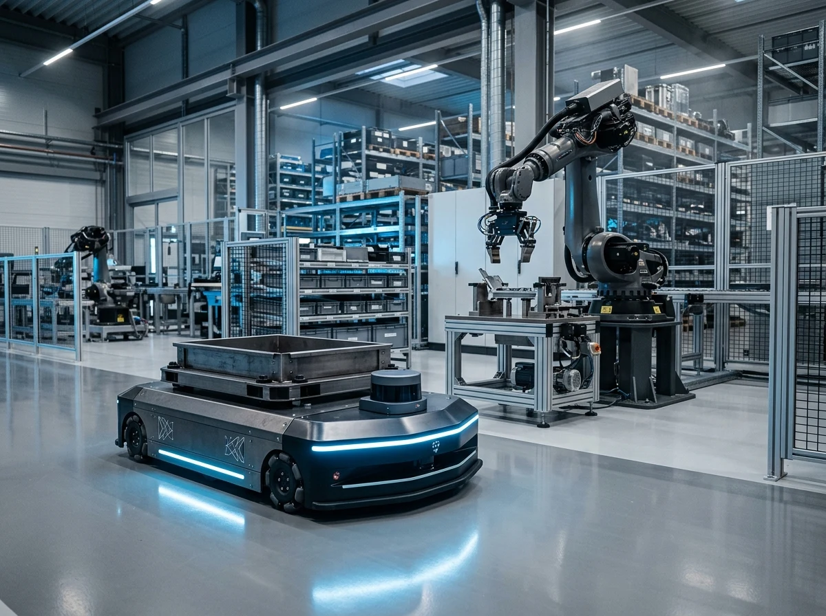 Industrial robotics lab with AMR and robotic arm in a modern facility